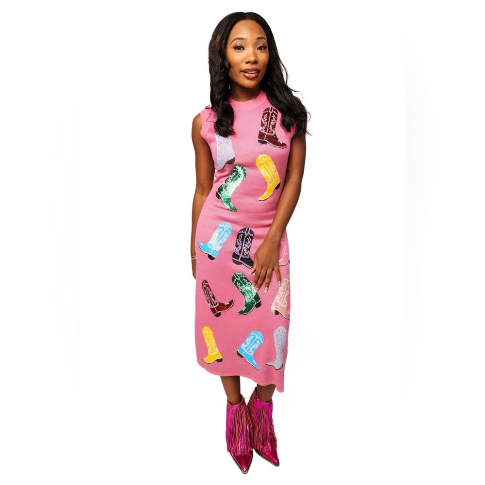 Pink Knit Multi Cowboy Boot Tank Midi Dress New With Tags